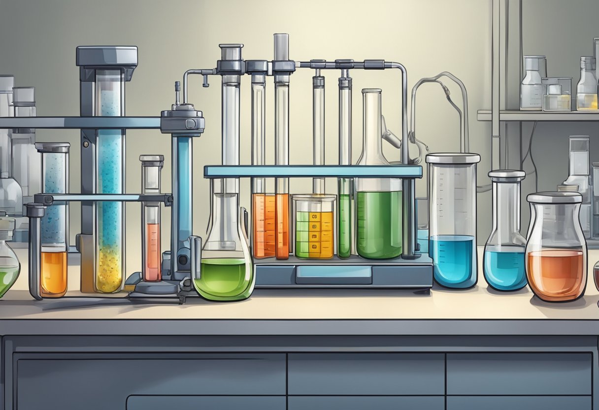 A lab bench with test tubes, beakers, and scientific equipment for studying chromium and vanadium's effects on diabetes