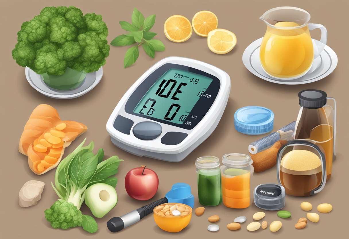 A table with various healthy foods and supplements like chromium and vanadium, alongside a blood glucose monitor and exercise equipment