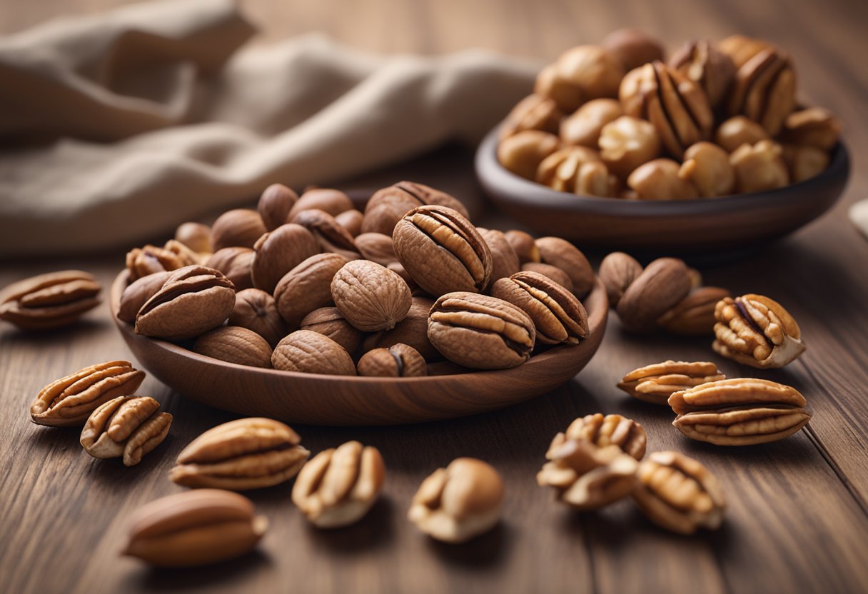 Pecans and walnuts sit side by side on a wooden table, surrounded by scattered shells. A nutritional chart hovers above them, comparing their respective values