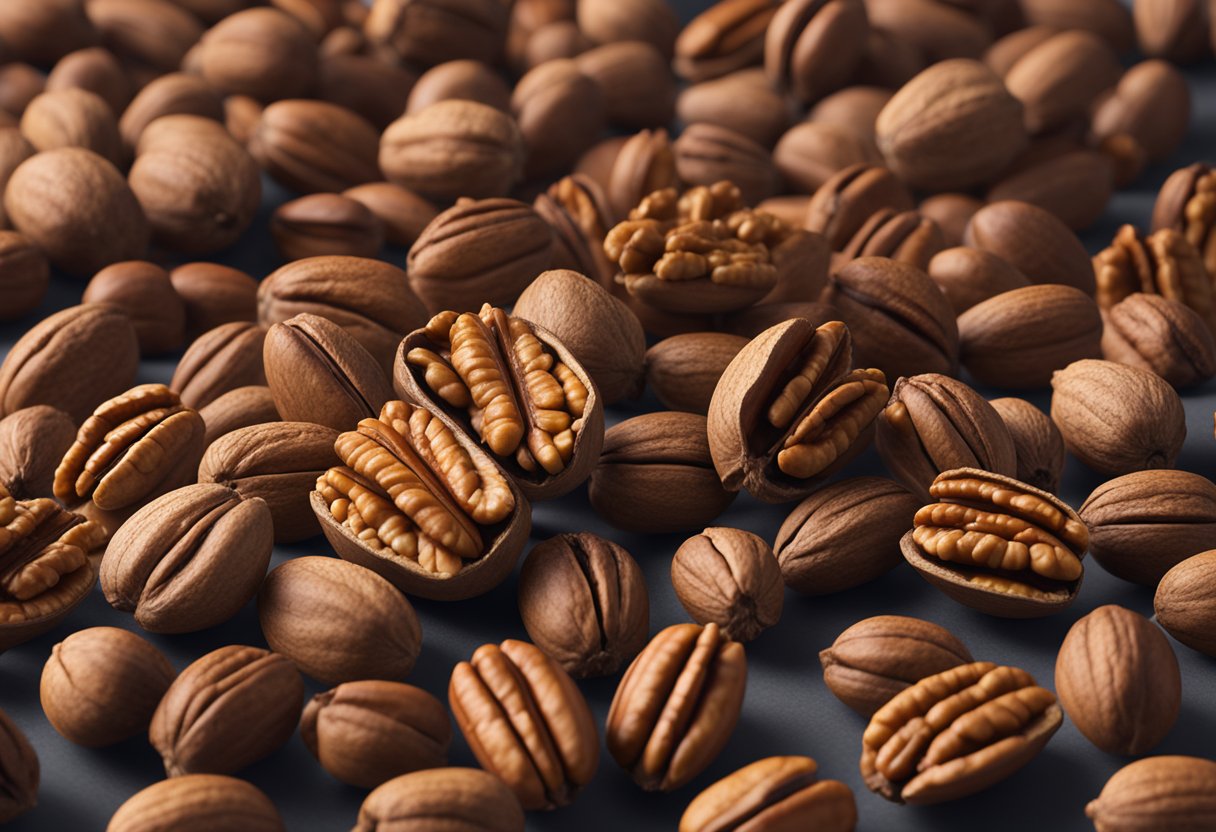 A pile of pecans and walnuts, with nutrition labels nearby, contrasting their differences in size, color, and texture