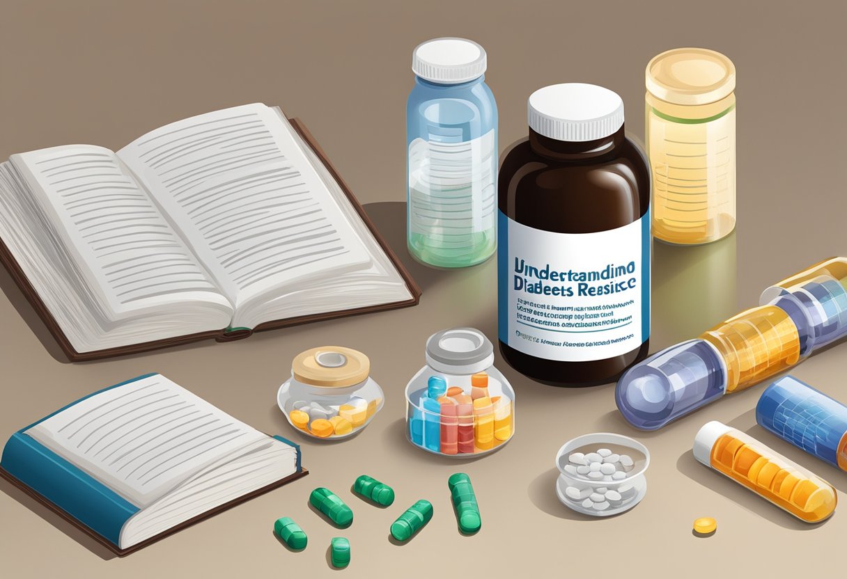 A bottle of insulin and a variety of supplements arranged on a table, with a book titled "Understanding Diabetes and Insulin Resistance" open beside them