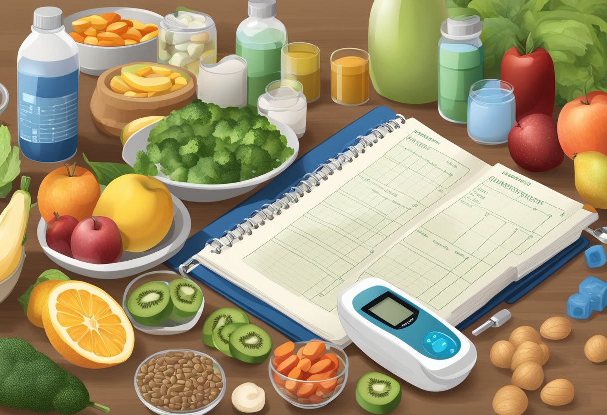 A table with bottles labeled "supplements for diabetes and insulin resistance" surrounded by healthy foods and a blood glucose monitor