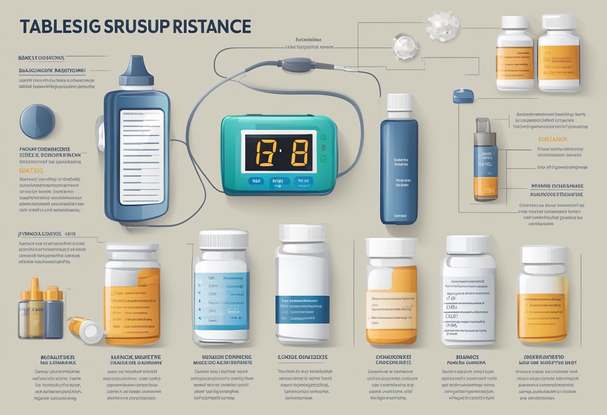A table with various supplement bottles, a blood glucose monitor, and a list of potential risks and considerations for diabetes and insulin resistance