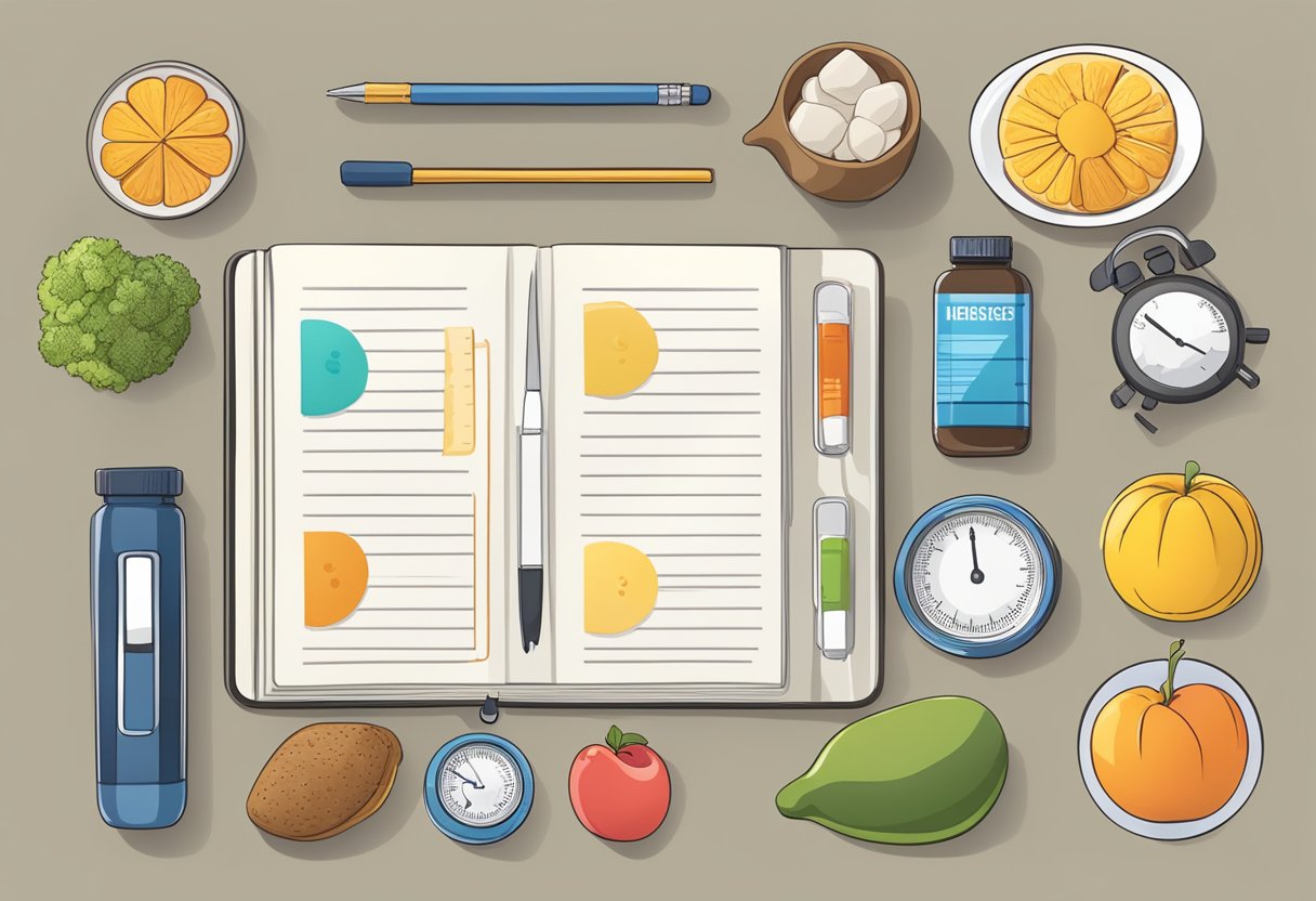A table with various supplements and healthy foods, exercise equipment, and a journal for tracking progress in managing diabetes and insulin resistance