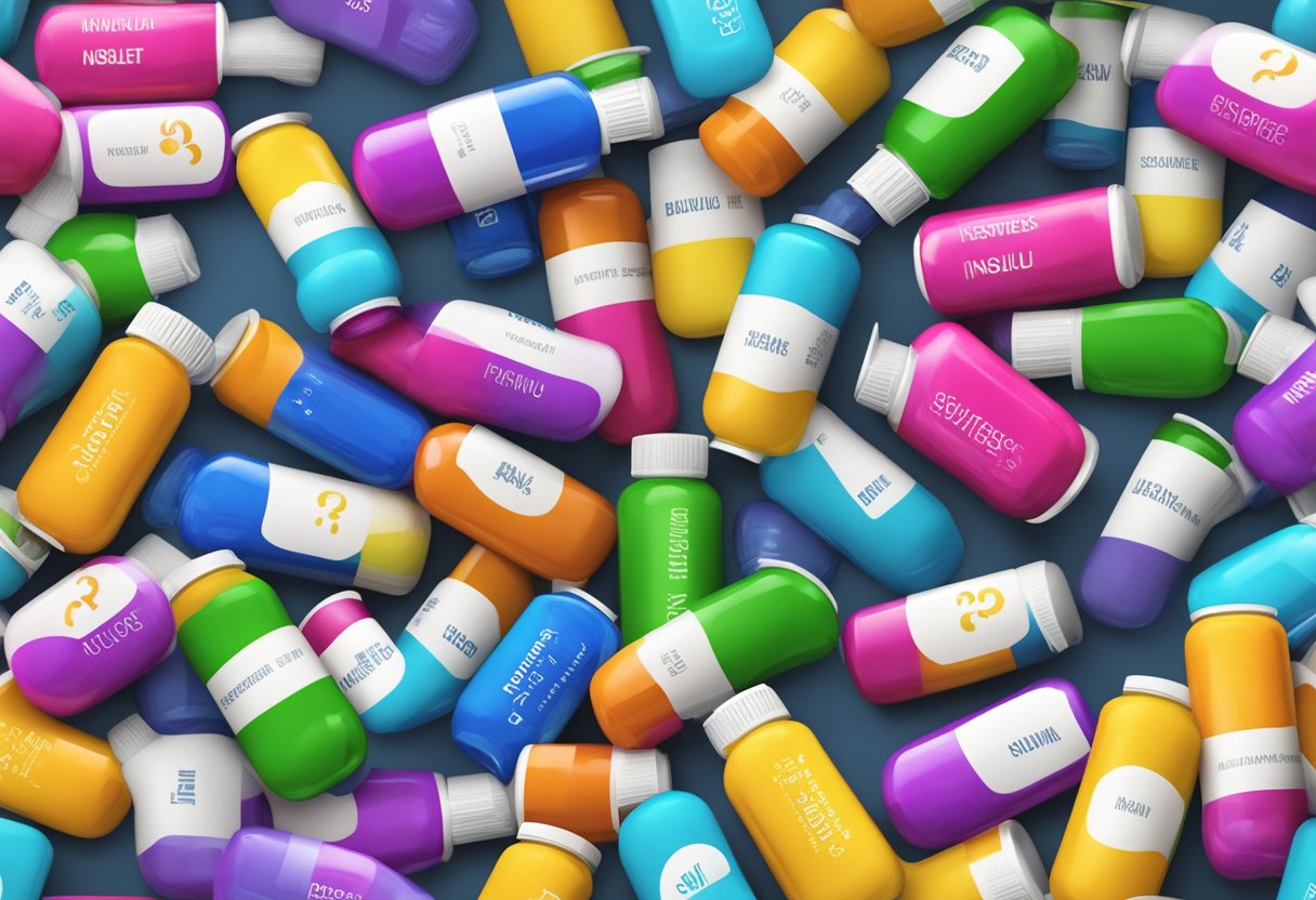A stack of colorful supplement bottles with labels for diabetes and insulin resistance, surrounded by question marks