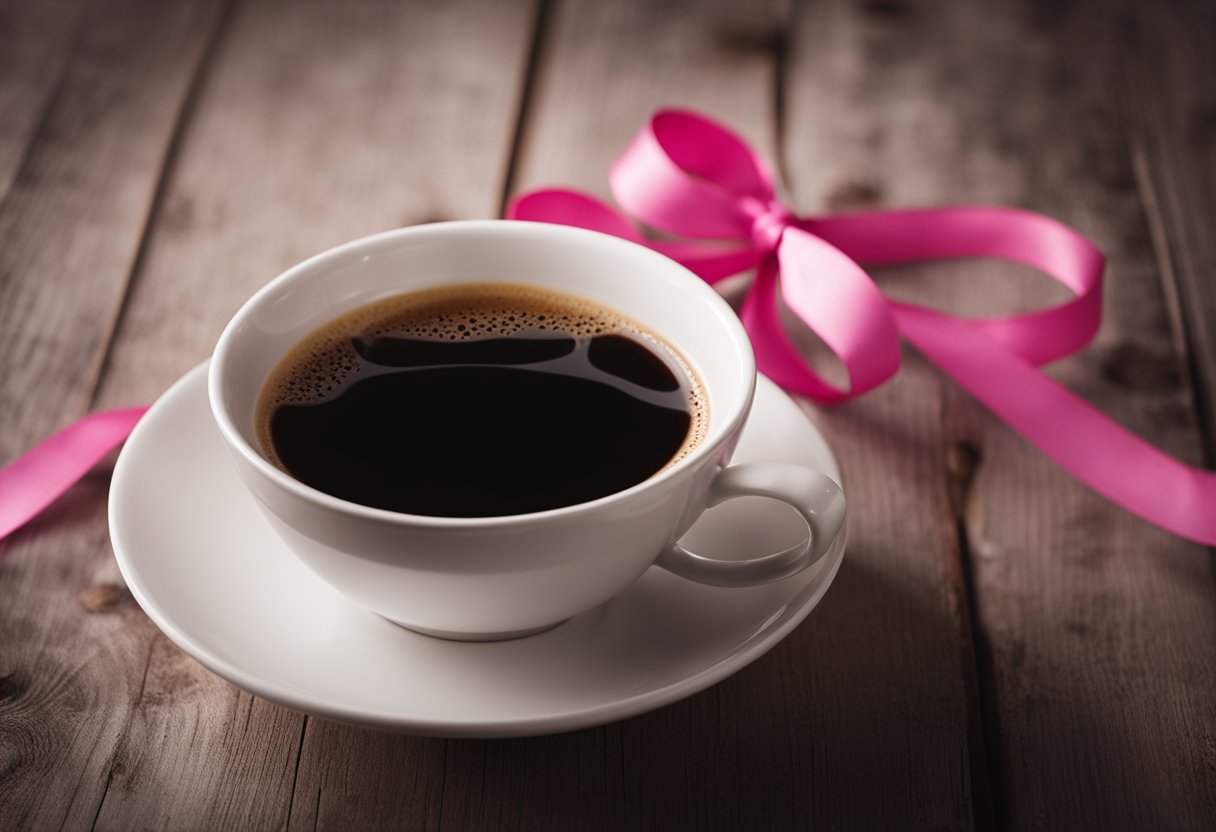 A steaming cup of coffee sits next to a ribbon symbolizing triple-negative breast cancer