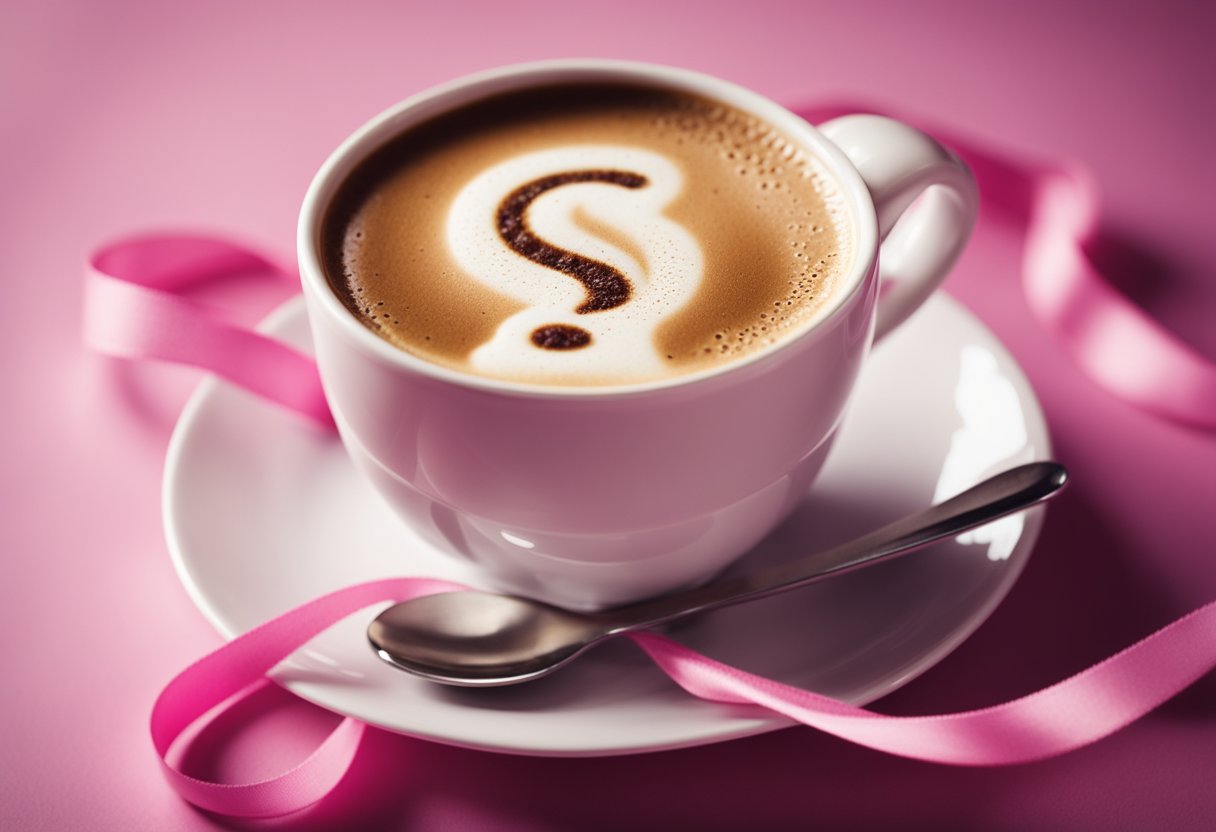 A cup of coffee surrounded by question marks and a pink ribbon symbolizing triple-negative breast cancer