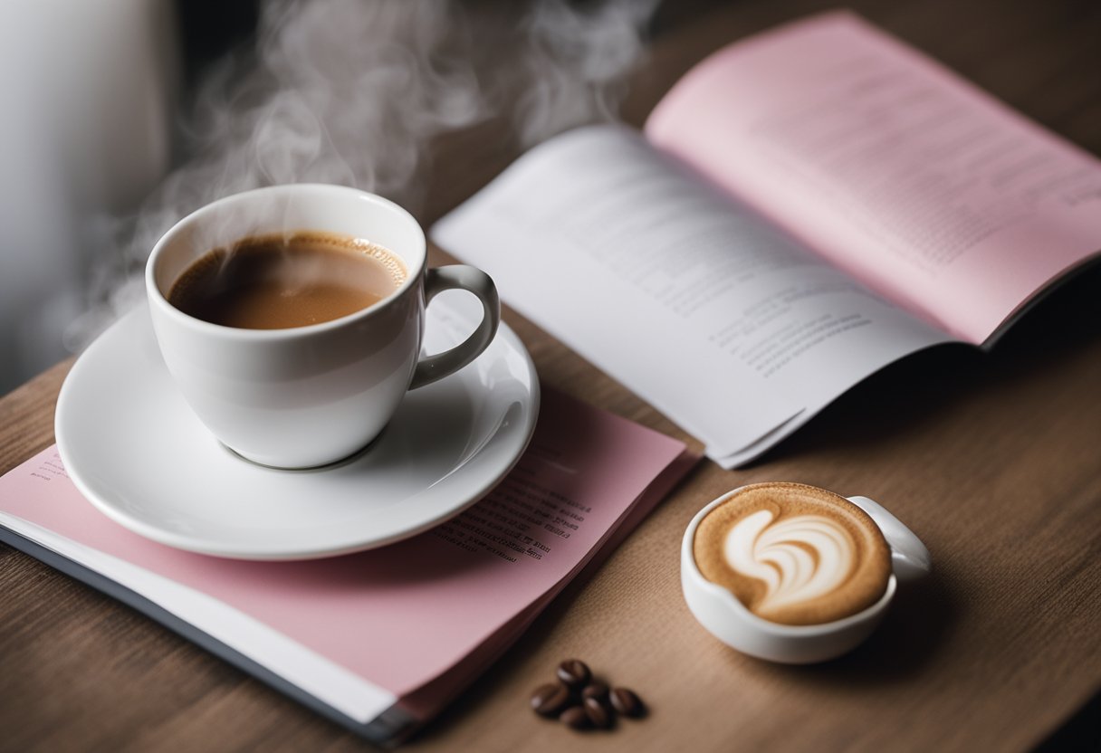 A steaming cup of coffee next to a pamphlet on triple-negative breast cancer prevention and management