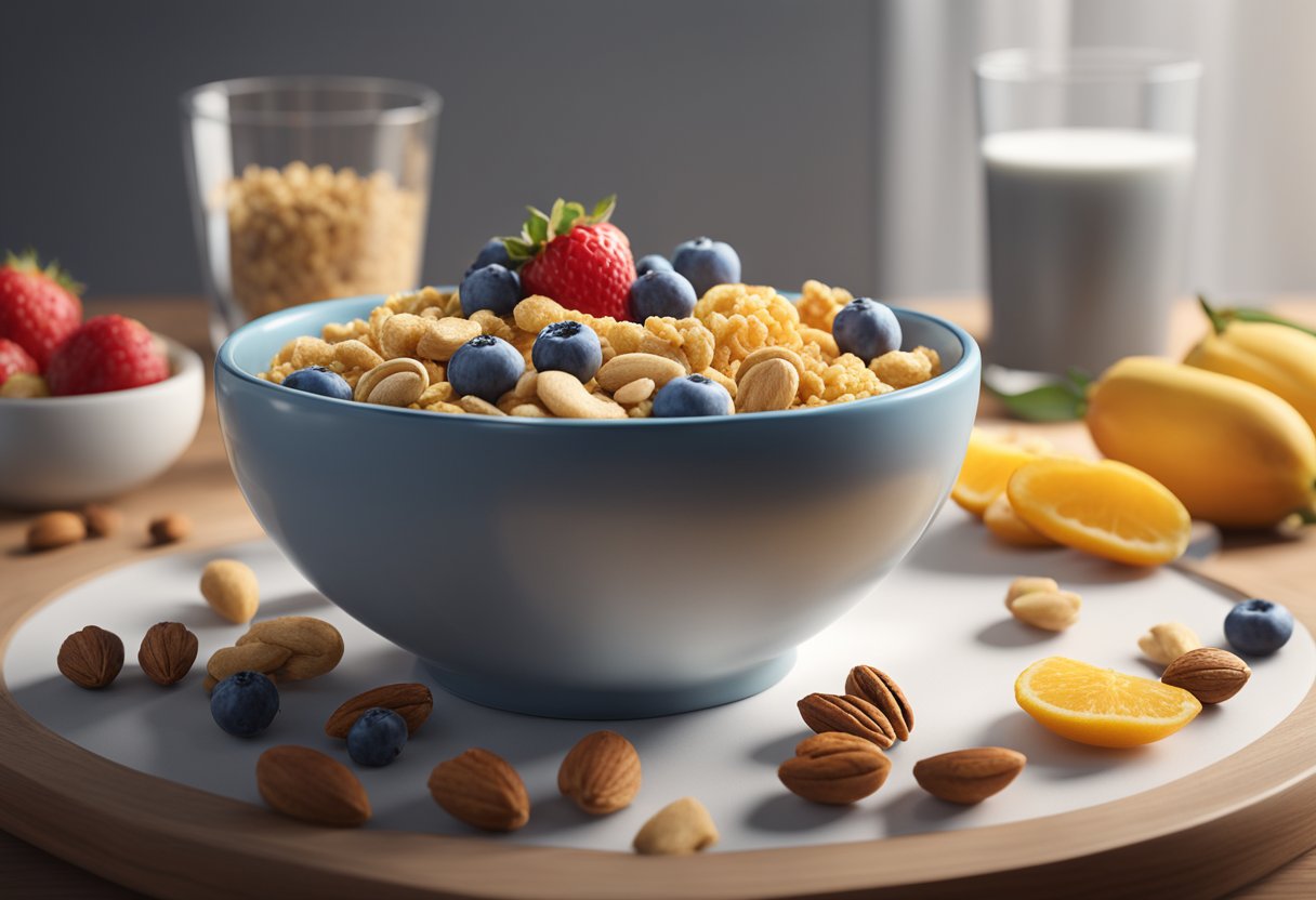 A bowl of high-protein cereal surrounded by fresh fruits and nuts, with a glass of milk on the side