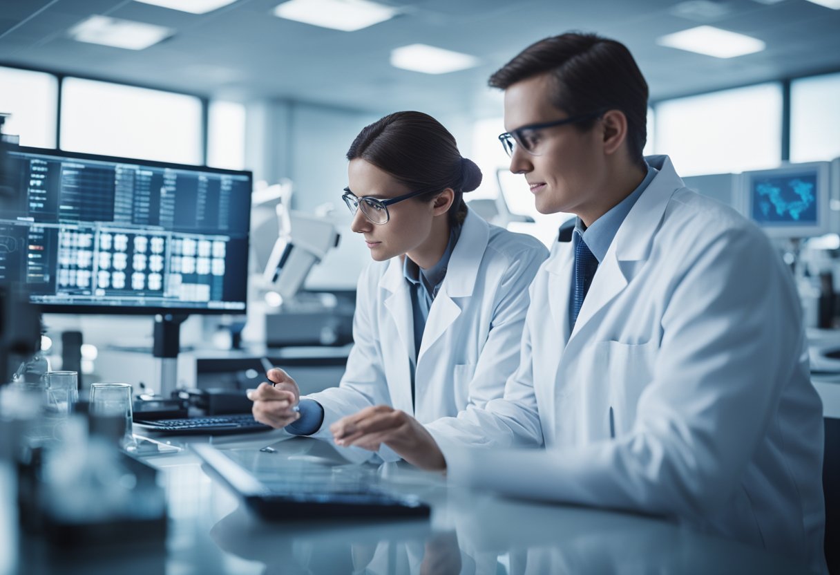 A lab setting with researchers discussing and analyzing data on triple-negative breast cancer, surrounded by scientific equipment and charts