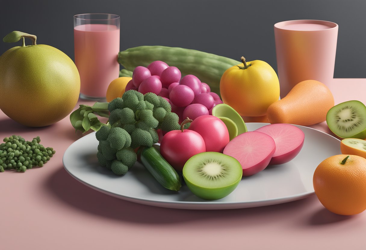 A plate of fruits and vegetables next to a cancer cell, showing the impact of diet on triple-negative breast cancer