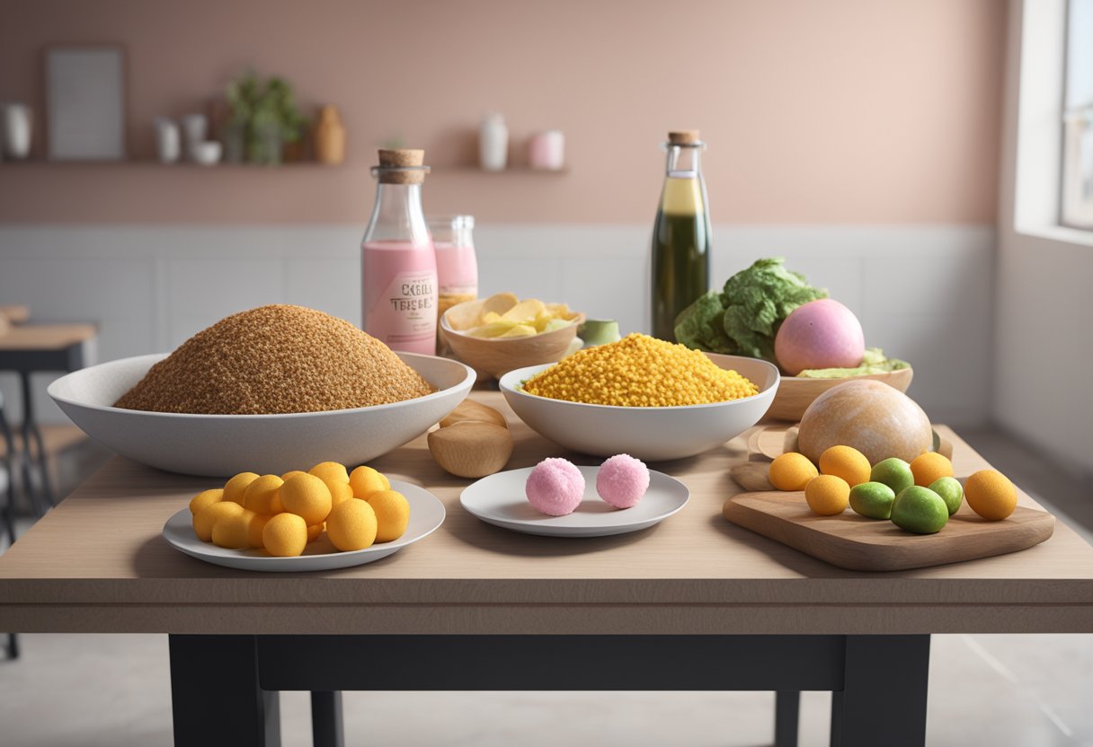 A table with various foods labeled "special diets" and a breast cancer cell with a "triple-negative" label