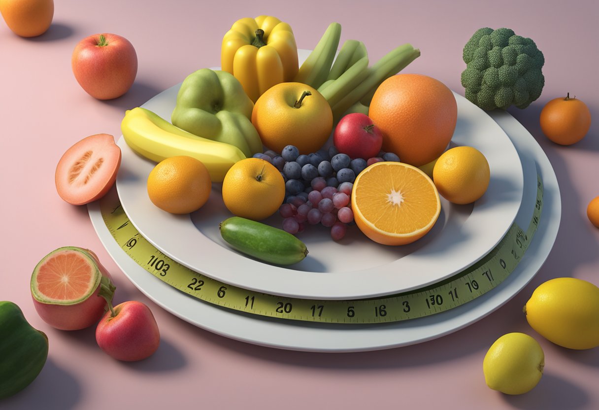 A plate of colorful fruits and vegetables with a measuring tape wrapped around it, representing the impact of diet on triple-negative breast cancer