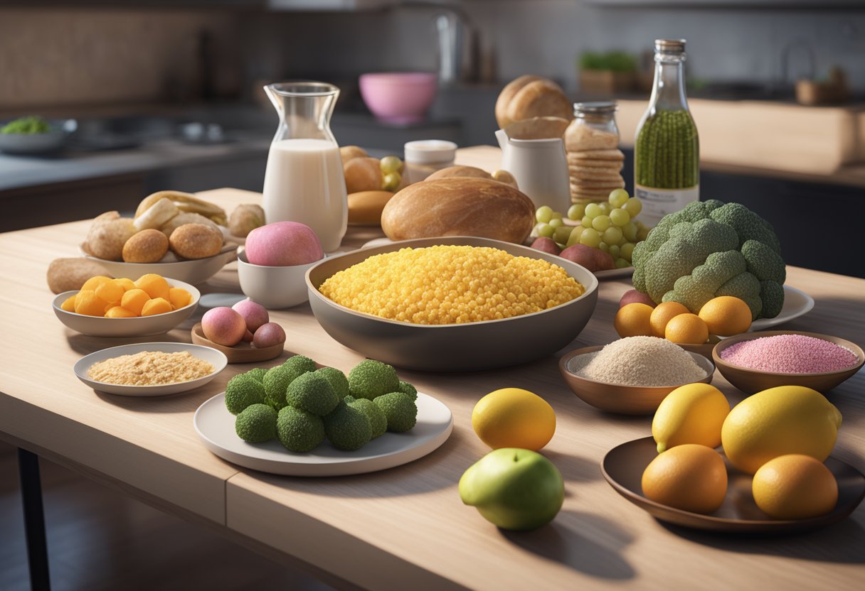 A table with various foods, a scale, and a diagram showing the impact of diet on triple-negative breast cancer