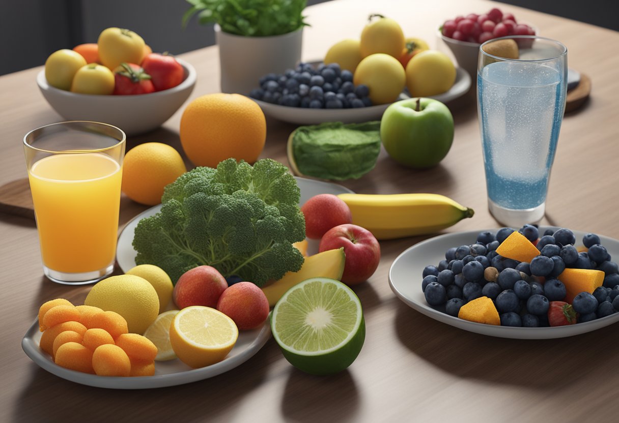 A table with a variety of colorful fruits, vegetables, and whole grains, alongside a plate of lean protein and a glass of water