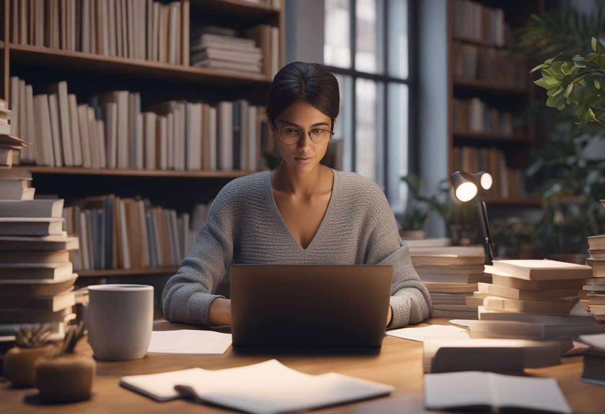 A woman researching on a laptop, surrounded by books and papers on diet and triple-negative breast cancer