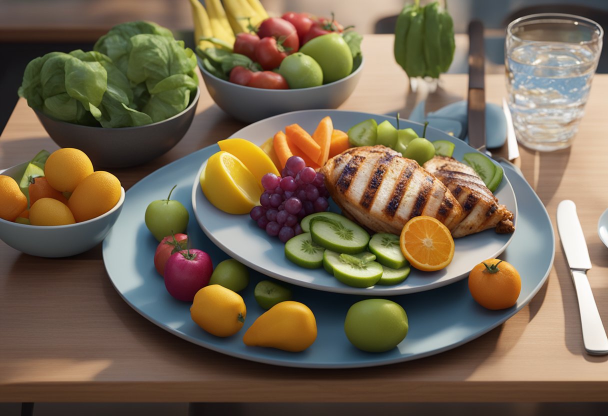 A plate with colorful fruits and vegetables, a glass of water, and a piece of grilled chicken on a table. A cancer ribbon symbol in the background