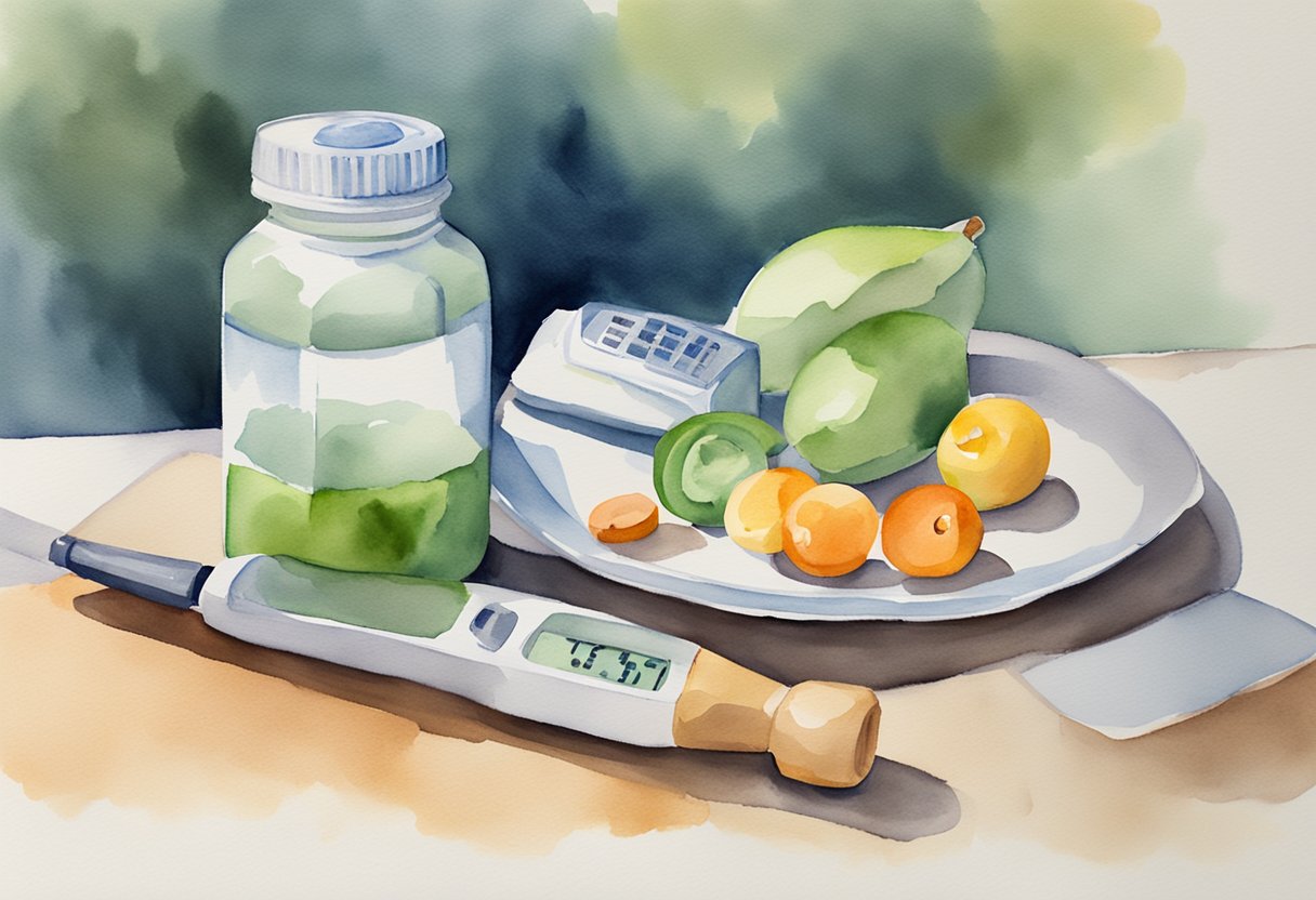 A bottle of magnesium supplements next to a blood sugar monitor and a plate of healthy food