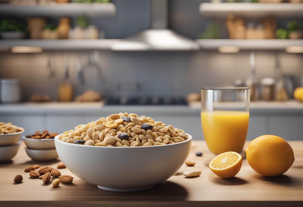 A bowl of high-protein cereal surrounded by various dietitian-approved ingredients like nuts, seeds, and fresh fruits, with a background of a kitchen or pantry shelf stocked with healthy food options