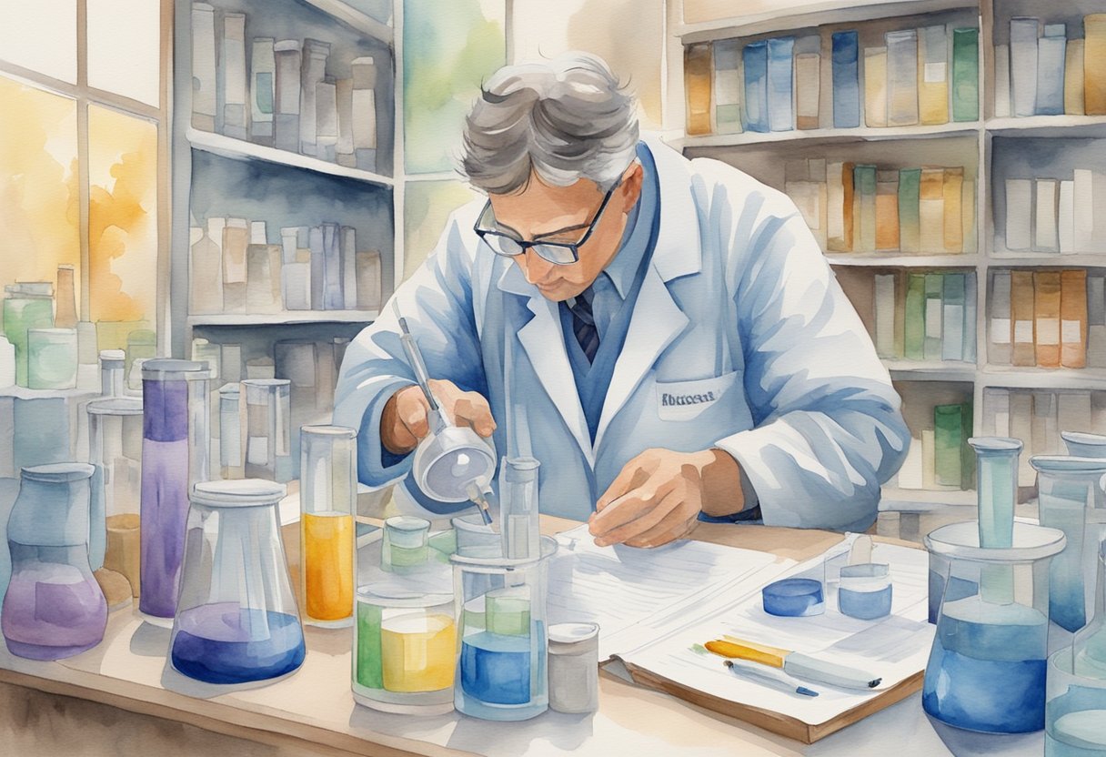 A scientist pours magnesium into a beaker, surrounded by research papers and clinical studies on diabetes