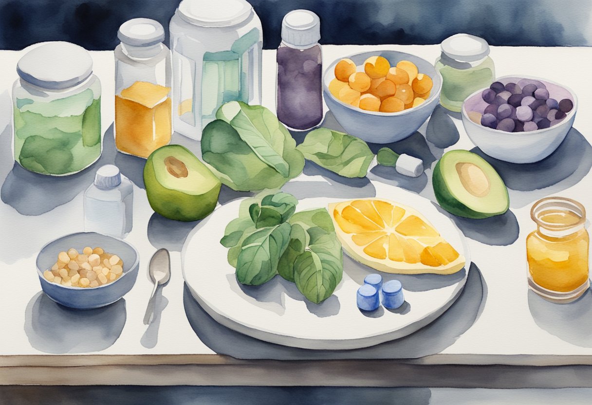 A table with various foods rich in magnesium, a person exercising, and a diabetes medication bottle