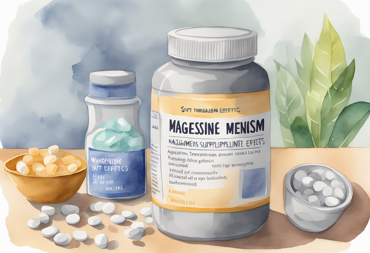 A bottle of magnesium supplements next to a warning label. A list of potential risks and side effects highlighted