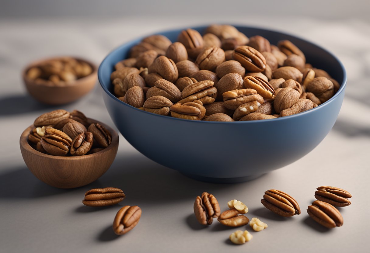 A bowl of pecans and walnuts side by side, with a banner highlighting their health benefits. Nutritional information displayed in a clear, easy-to-read format