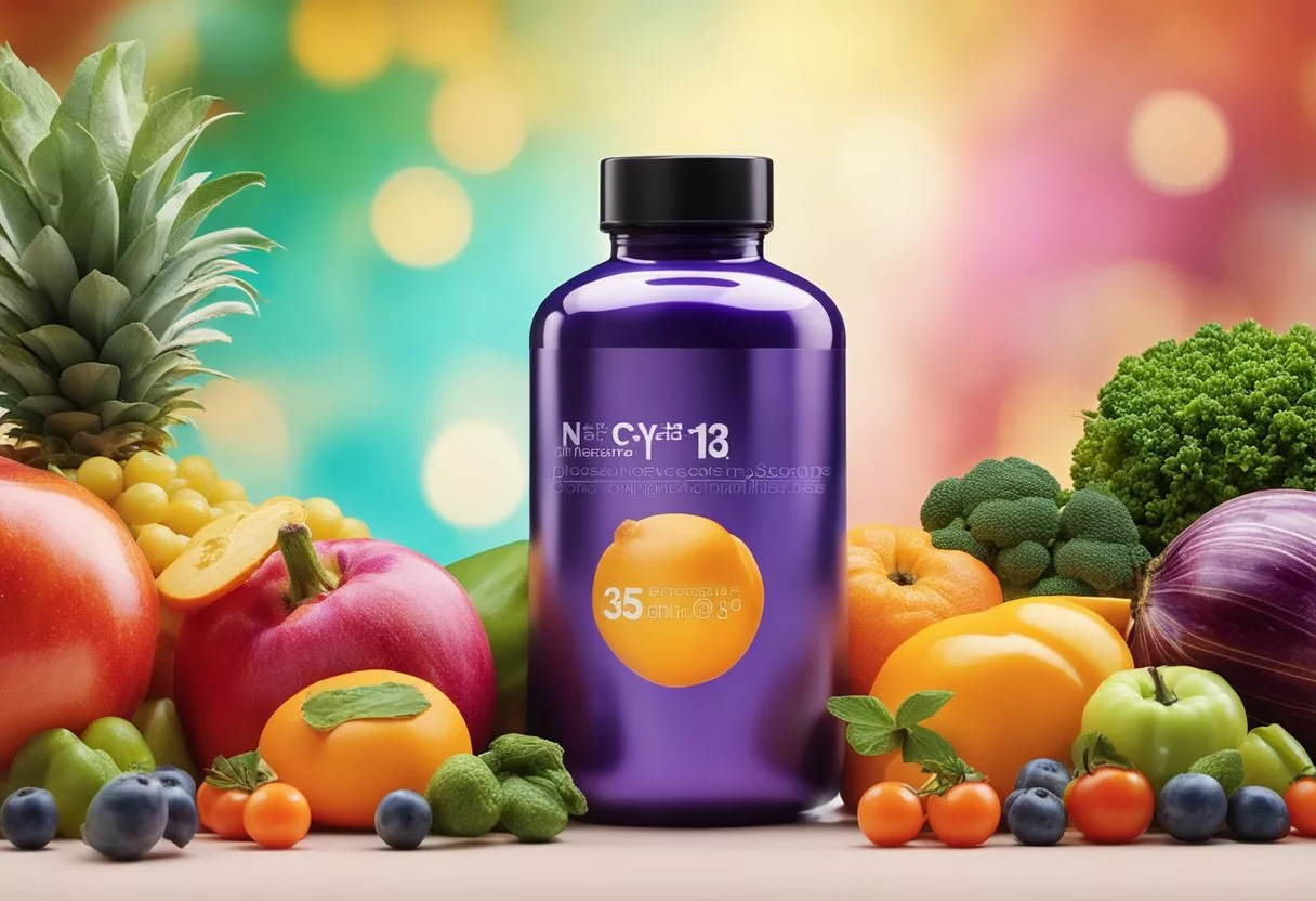 A bottle of N-Acetyl Cysteine surrounded by various fruits and vegetables, with a bright and colorful background