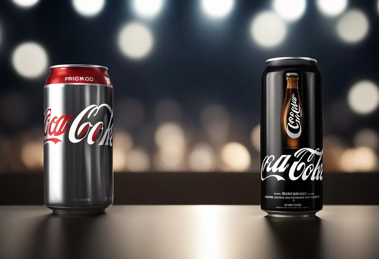 A can of Diet Coke and a can of Coke Zero sit side by side on a table, with a spotlight shining down on them, highlighting their labels
