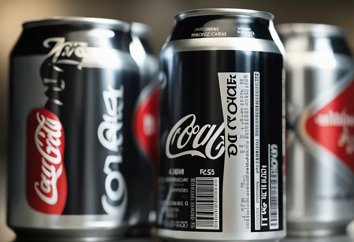 Two soda cans side by side, one labeled "Diet Coke" and the other "Coke Zero," with a nutrition label visible on each can