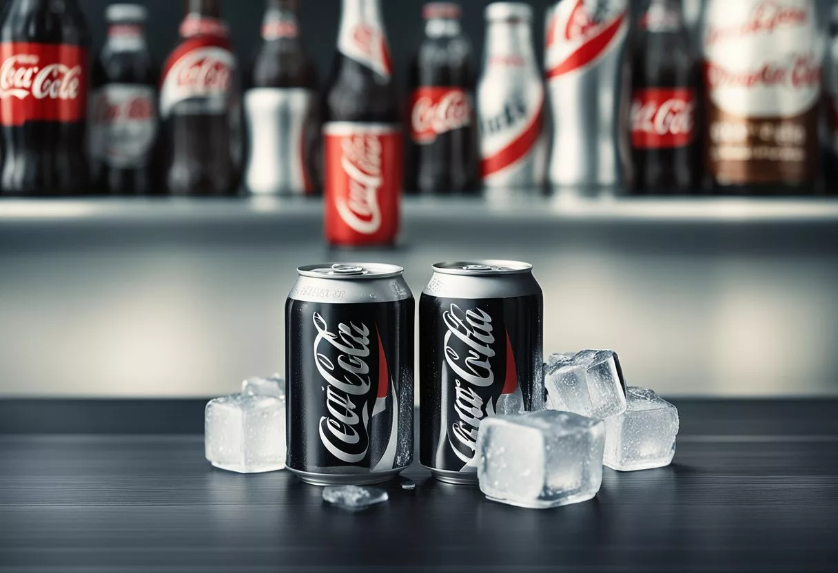 Two cans, one labeled "Diet Coke" and the other "Coke Zero," sit side by side on a table, surrounded by ice cubes and condensation