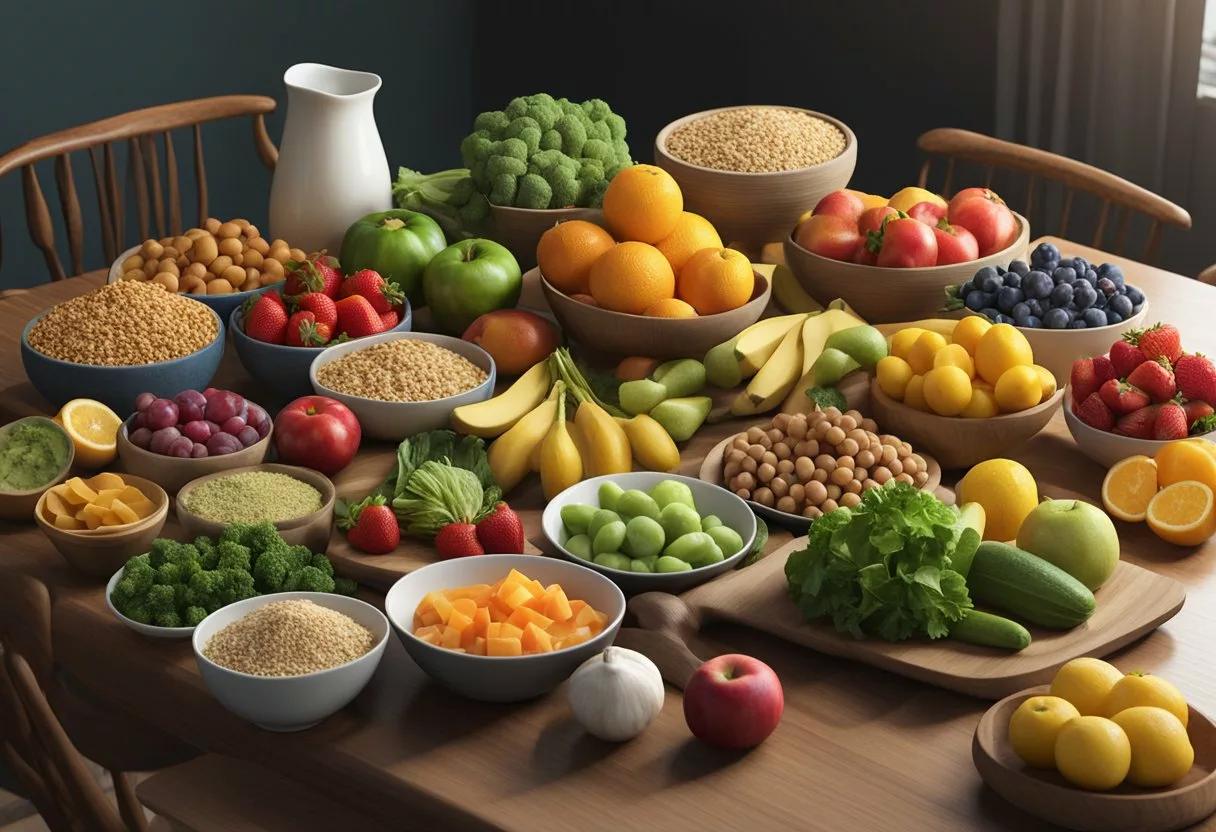 A table with a variety of healthy foods, including fruits, vegetables, lean proteins, and whole grains, arranged in a colorful and appetizing display