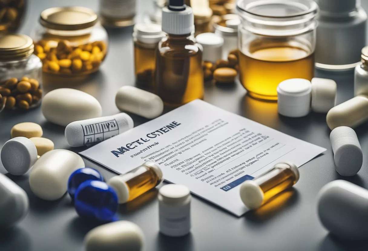 A bottle of N-acetyl cysteine surrounded by various supplements and a list of benefits