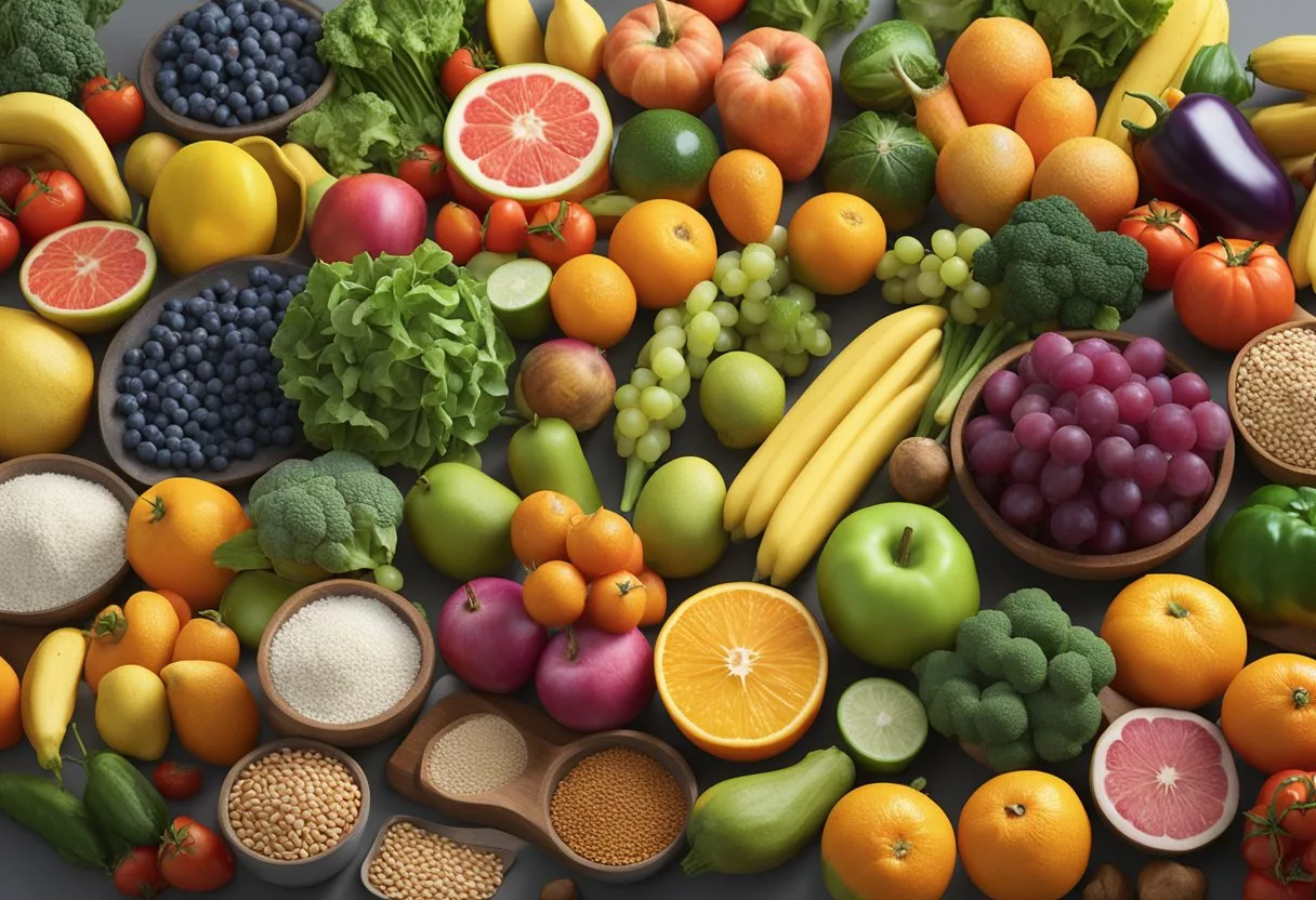 A colorful array of diverse foods, including fruits, vegetables, lean proteins, and whole grains, arranged in a balanced and visually appealing manner