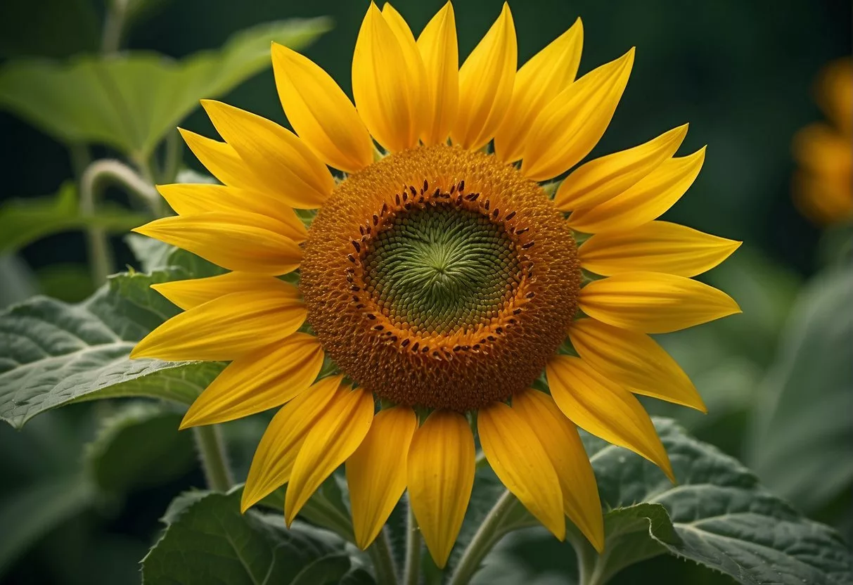 A vibrant yellow sunflower with bold, swirling petals stands tall against a backdrop of lush green foliage, symbolizing the role of zeaxanthin in promoting eye health