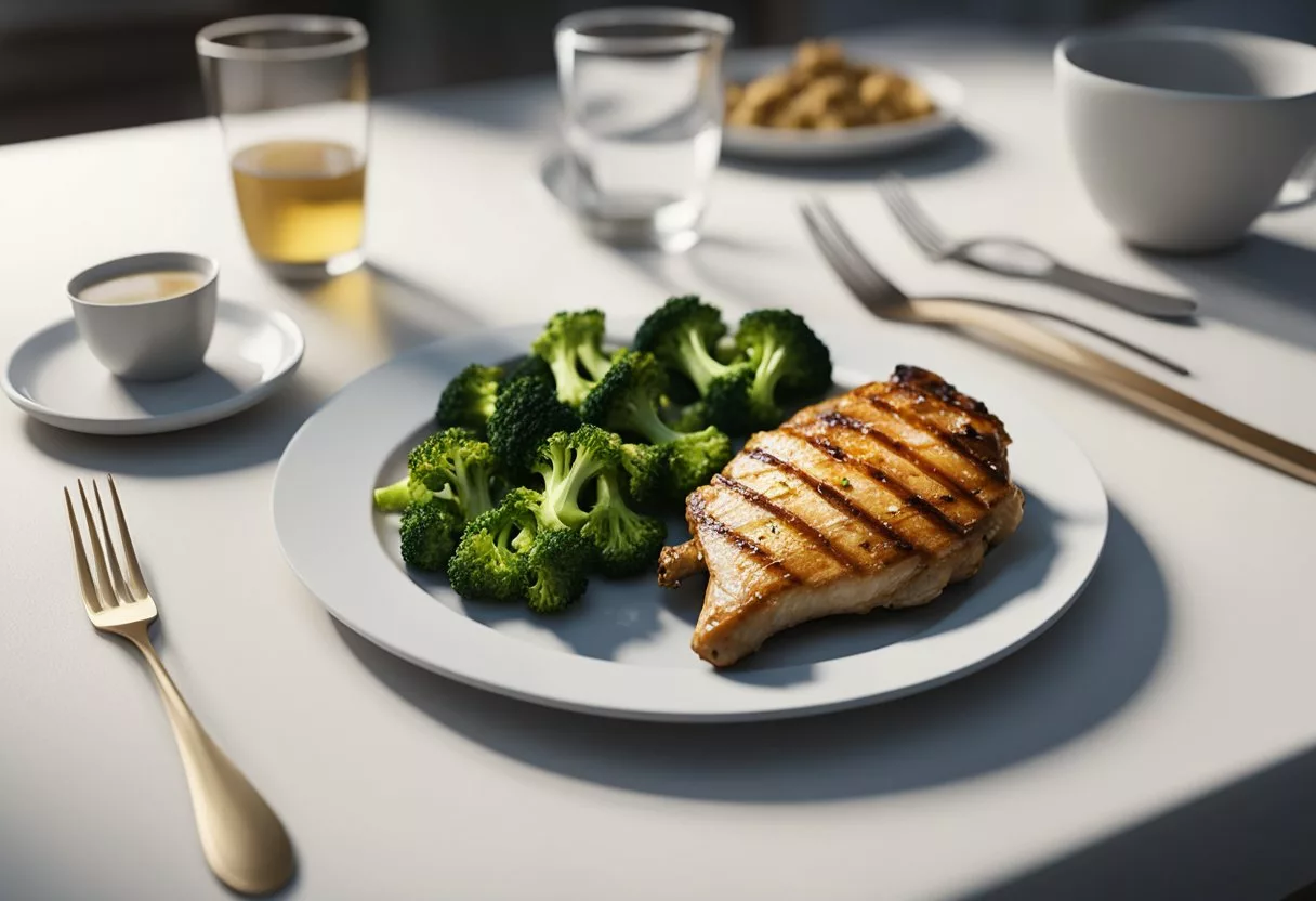 A plate of grilled chicken and steamed broccoli sits on a clean, white table. A water glass and a fork are placed neatly beside the meal