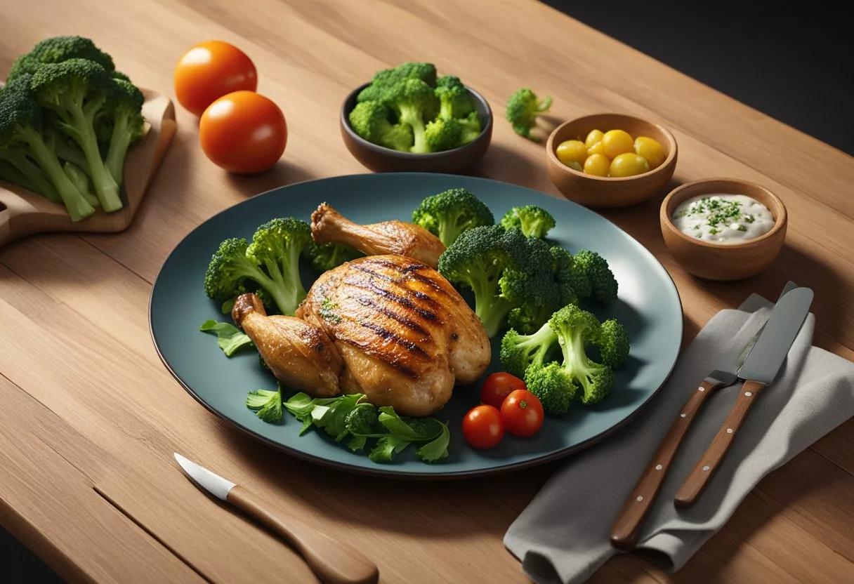 A plate of grilled chicken and steamed broccoli sits on a wooden table, surrounded by fresh ingredients like tomatoes and herbs