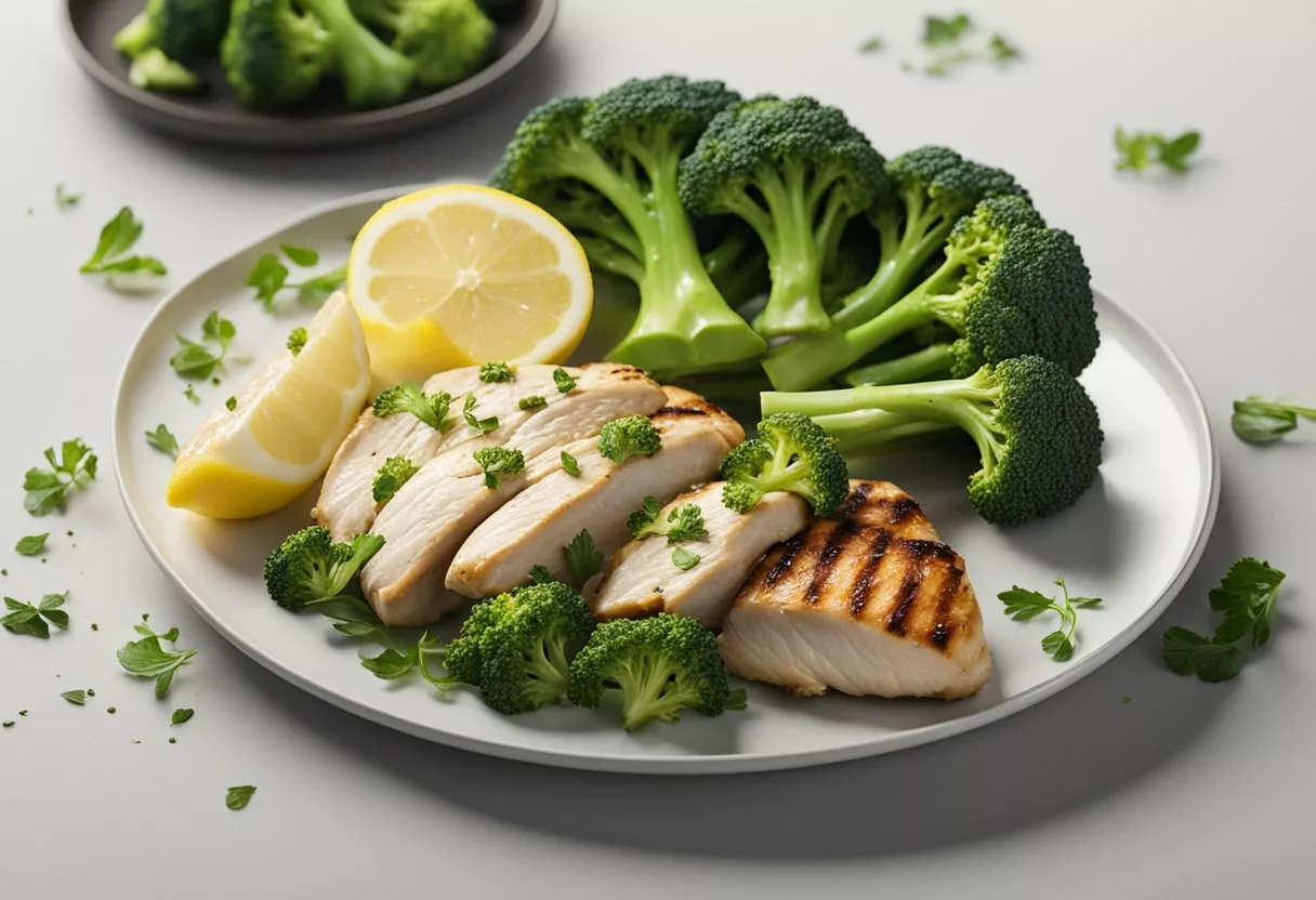 A plate of steamed broccoli and grilled chicken, arranged neatly on a white dish, with a side of lemon wedges and a sprinkle of herbs