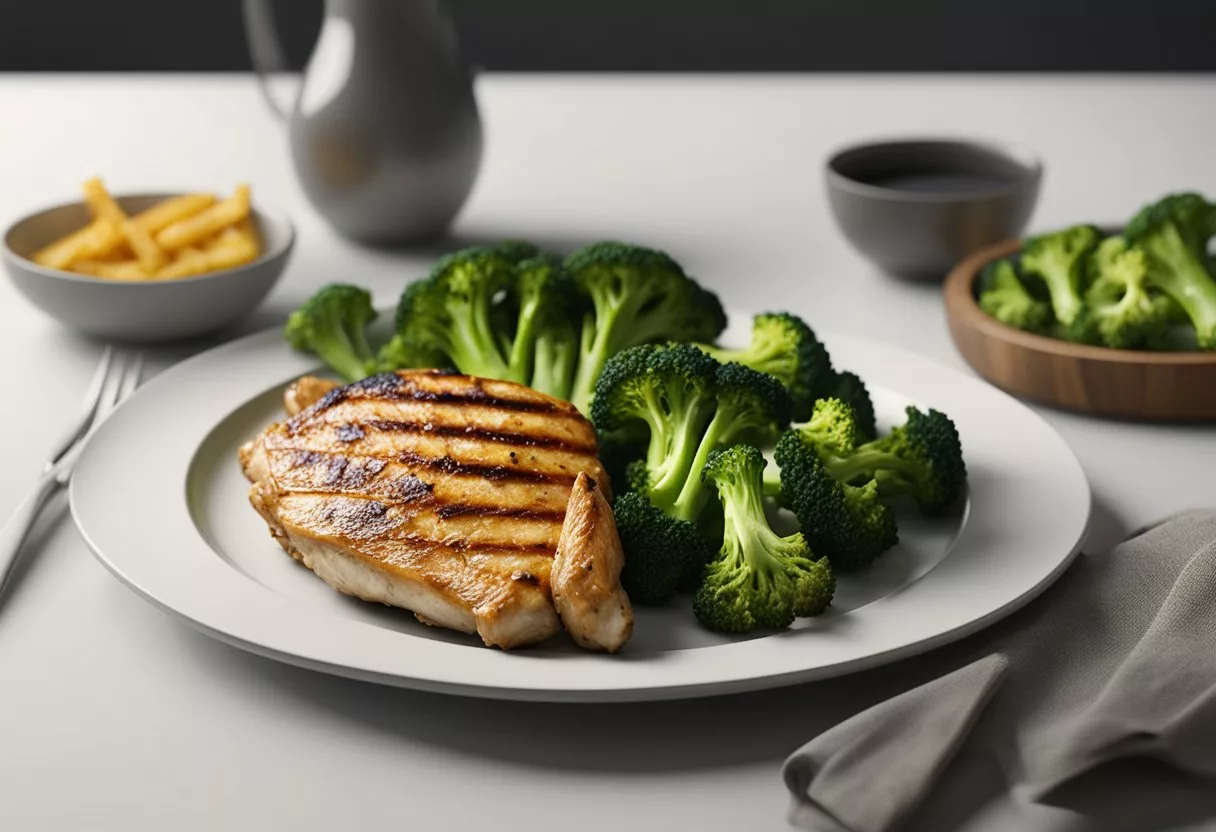 A plate with grilled chicken and steamed broccoli on a white background