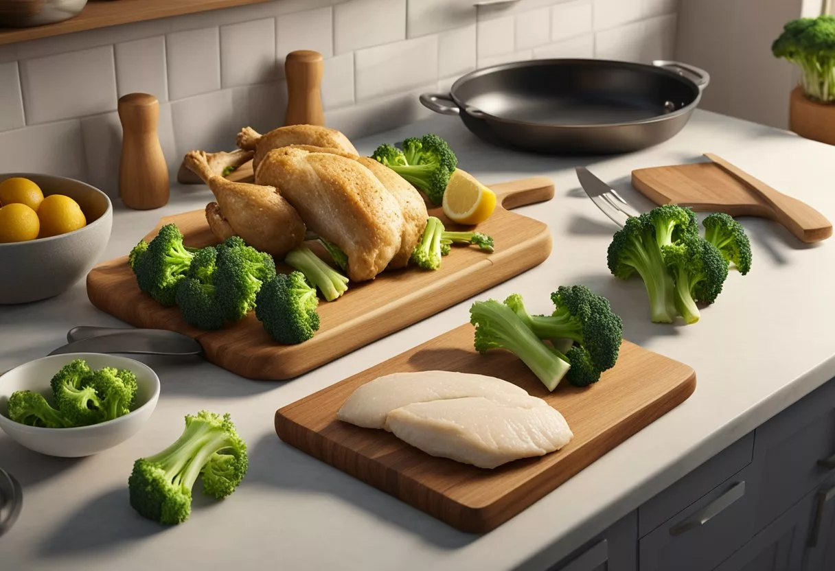 A cutting board with raw chicken and fresh broccoli, surrounded by various cooking utensils and a recipe book open to a page on chicken and broccoli diet recipes