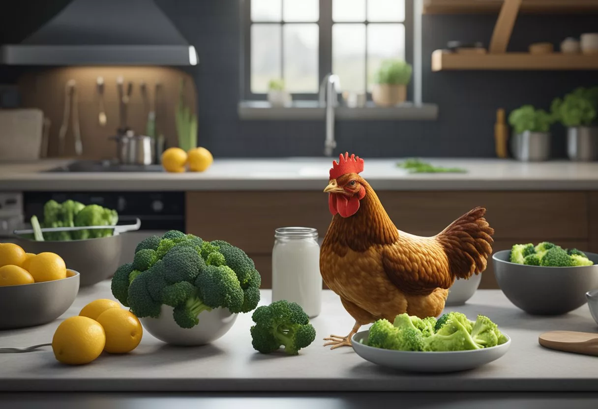 A chicken and broccoli diet, with caution signs and a scale