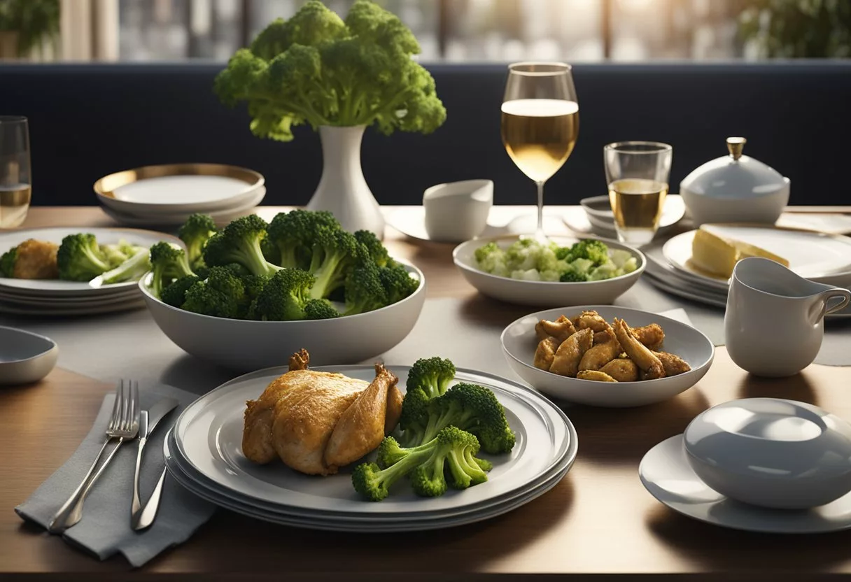 A table set with a plate of chicken and broccoli, surrounded by elegant dinnerware and glasses, in a lively restaurant setting
