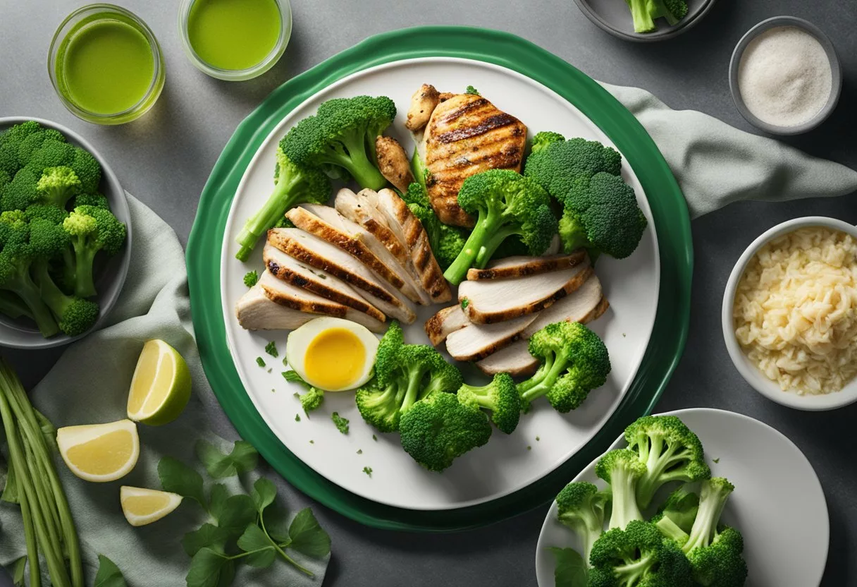 A plate of steamed broccoli and grilled chicken, surrounded by vibrant green and white colors. A banner with the words "Benefits of Chicken and Broccoli diet" in bold letters hangs above the plate