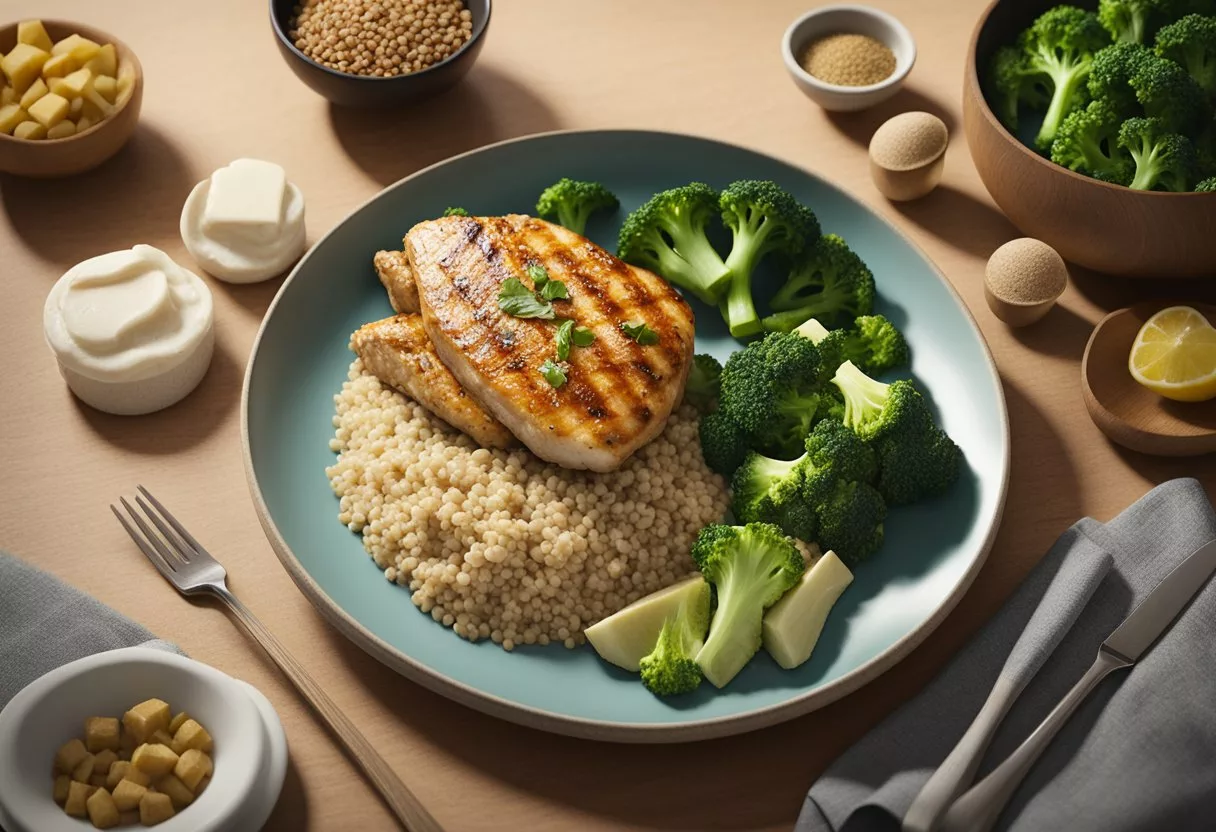 A plate with grilled chicken breast and steamed broccoli, surrounded by various alternative foods like tofu, quinoa, and lentils