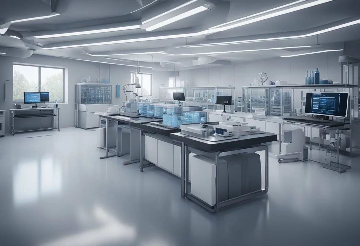 A laboratory setting with advanced equipment and computers, showcasing genetic testing for disease prevention