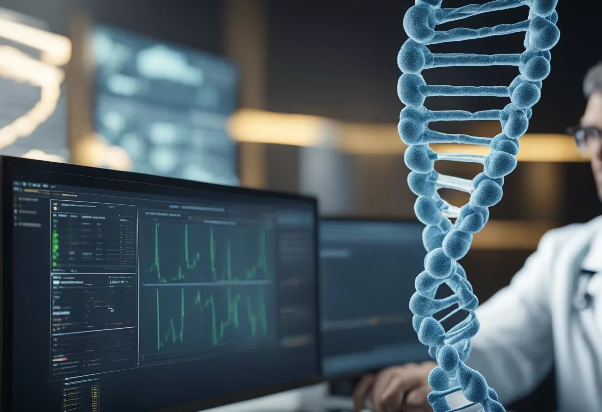 A DNA strand unwinds, revealing genetic markers. A scientist analyzes the data on a computer screen, identifying potential health risks