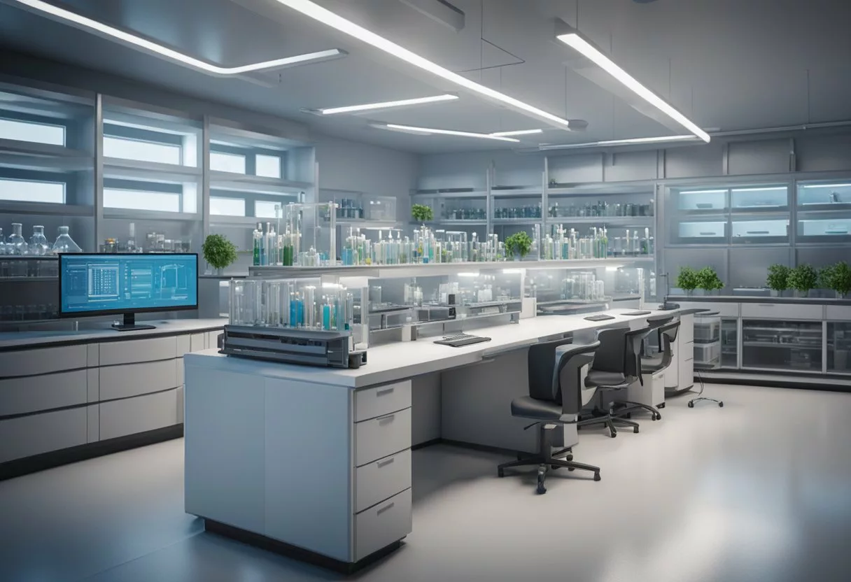 A laboratory setting with advanced equipment and computers for genomic testing and screening. Bright lighting and modern decor
