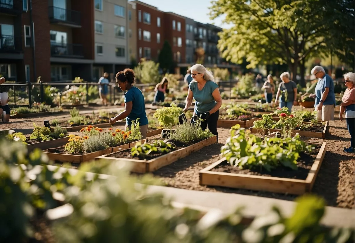 A vibrant community garden surrounded by diverse housing, parks, and healthcare facilities, with people engaging in physical activity and socializing