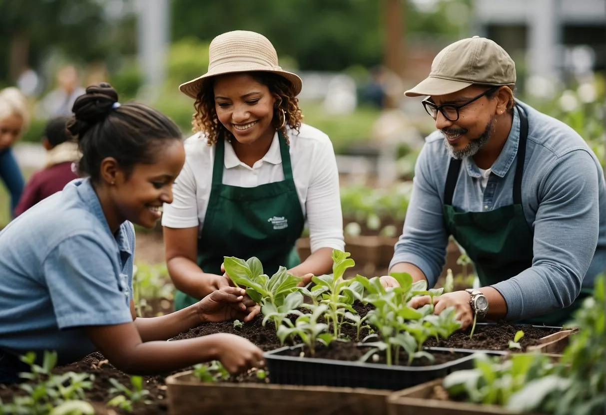 A diverse group of people engage in community gardening, education, and advocacy to address social determinants of health