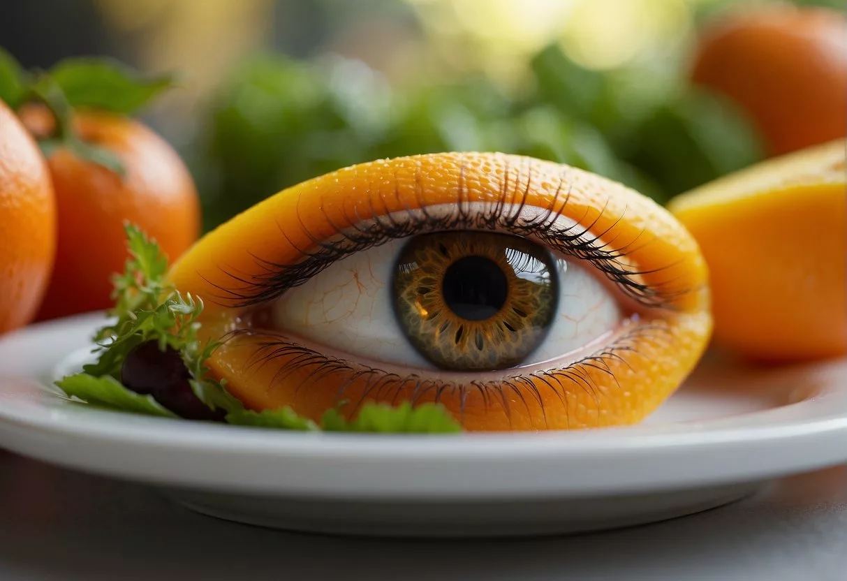 Zeaxanthin enhances eye health, reducing risk of conditions. Bright, colorful fruits and vegetables on a plate, with a glowing, healthy eye in the background